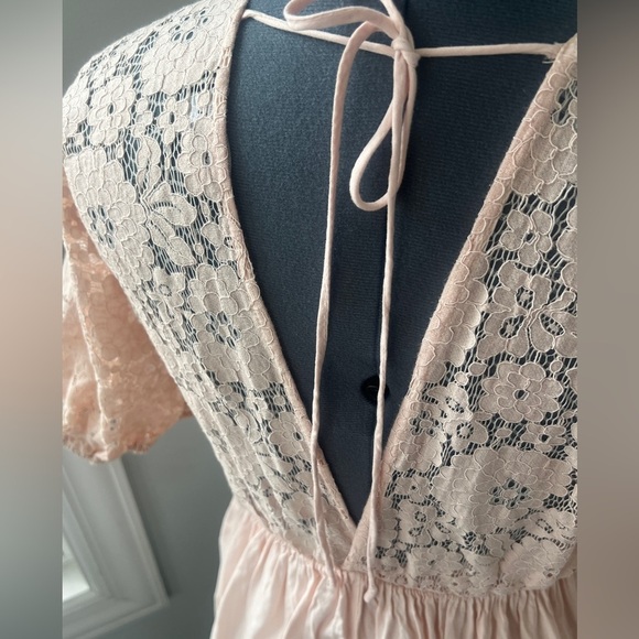 Aakaa Womens Juniors Sz A Mini Lace Boho Pale Pink  V-Neck Kaftan Mini Dress - Picture 10 of 16